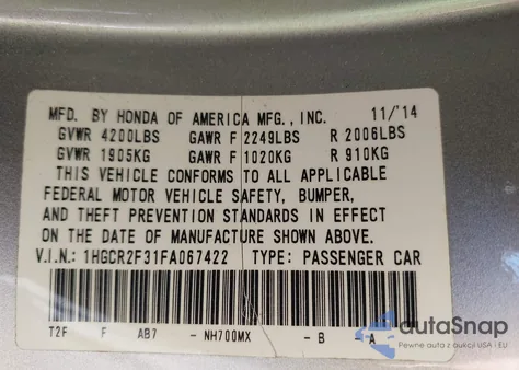 2015 Honda Accord Lx z USA, uszkodzony, nr VIN 1HGCR2F31FA067422